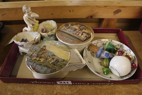 Pair French porcelain Sampson putti salt cellar, 2 pot lids and 12 decorative china items